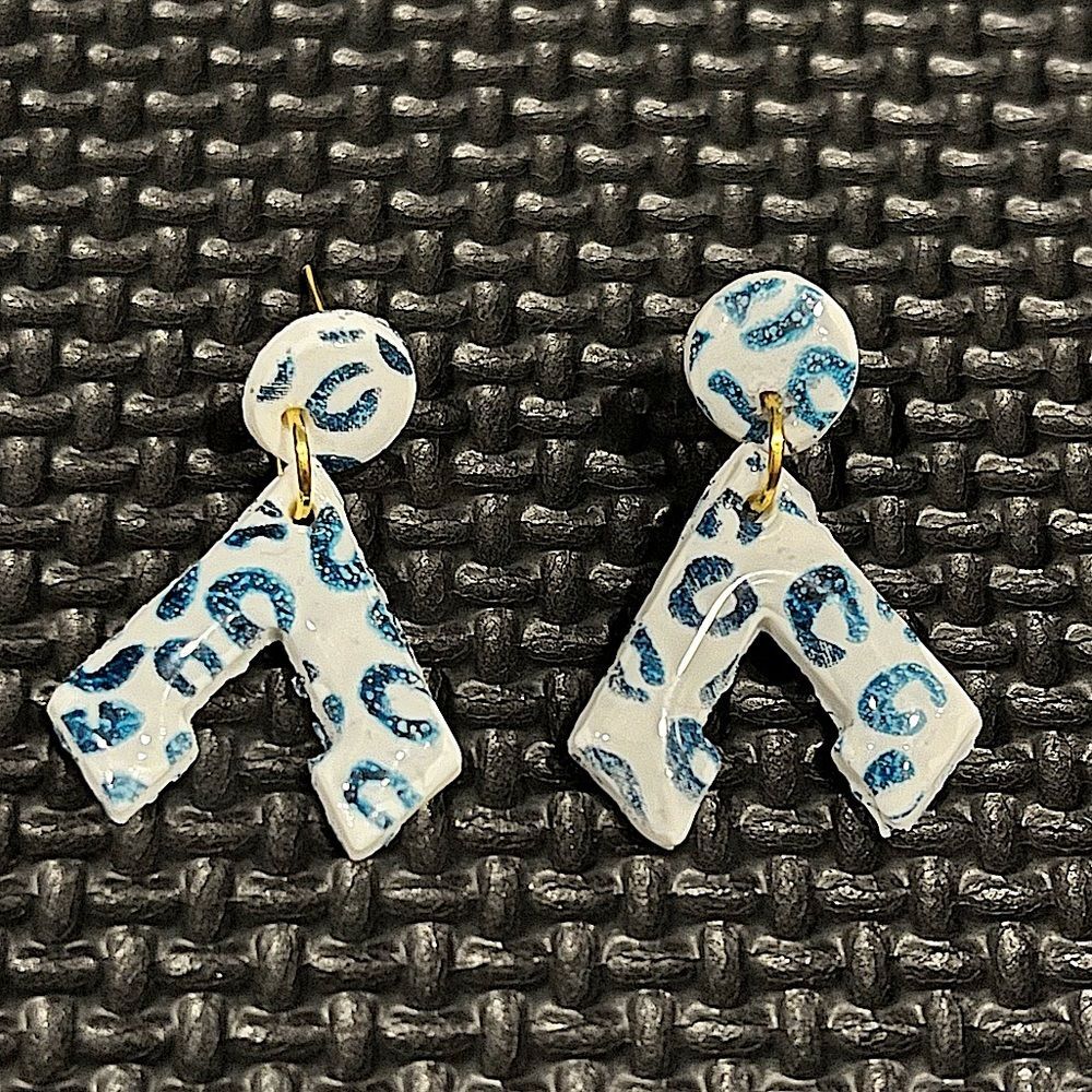 NEW White & Blue Leopard Print Resin & Polymer Clay Dangle Stud Earrings